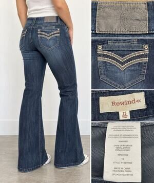 Y2K Indie Sleaze 2000s Rewind Bootcut Flare Jeans Sz 13 Juniors Dark Wash Indigo